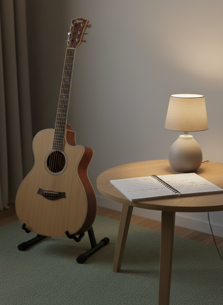 A peaceful music-writing nook with a natural-wood acoustic guitar resting upright on a simple black stand, its grain subtly visible beneath a matte finish. In front of it, a low round table in pale oak holds a spiral-bound songwriting notebook open to a page of neatly spaced blank staves, alongside a softly glowing, small ceramic lamp with a linen shade. On the floor, a muted sage-green rug adds texture against a warm, light-gray wall. Gentle evening light filters through an unseen window, blending with the lamp’s warm glow to create soft, overlapping shadows and a quiet, intimate ambiance. The camera is positioned at a low, three-quarter angle, keeping the guitar and notebook in crisp focus while the edges of the room blur softly. The style is clean, modern, and photographic, evoking an inviting space for reflective musical creativity.