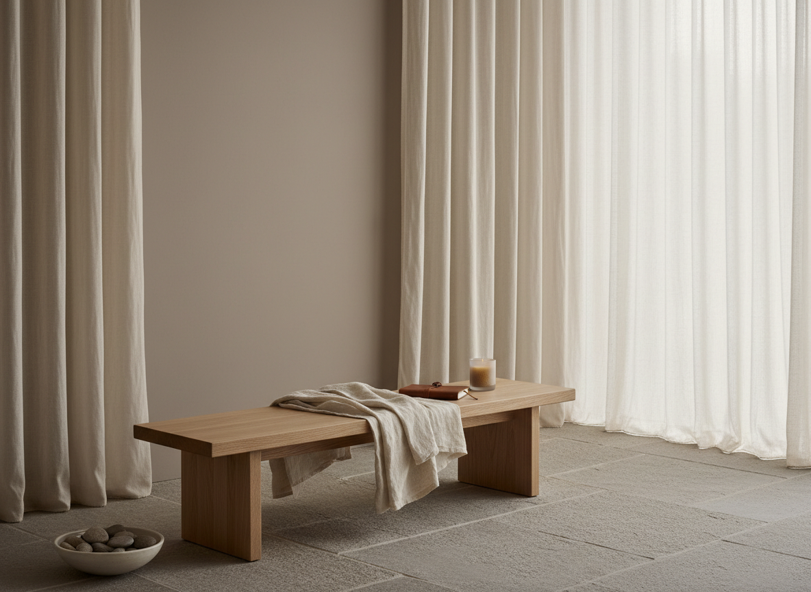A minimalist retreat setting with a single low wooden bench made of pale, smooth oak, positioned on a textured stone floor in a quiet room. On the bench lies a folded, natural linen blanket, a slender leather-bound journal, and a small, unlit beeswax candle in a frosted glass holder. In the background, tall, sheer curtains filter soft overcast daylight, creating a gentle gradient of light across a muted taupe wall. A ceramic bowl filled with river stones sits on the floor nearby, adding organic texture. The composition follows the rule of thirds, with ample negative space that emphasizes calm and spaciousness. The mood is tranquil and introspective, depicted in photographic realism with subdued colors—dusty creams, warm grays, and soft browns—suggesting a quiet retreat space perfect for contemplation and spiritual renewal.