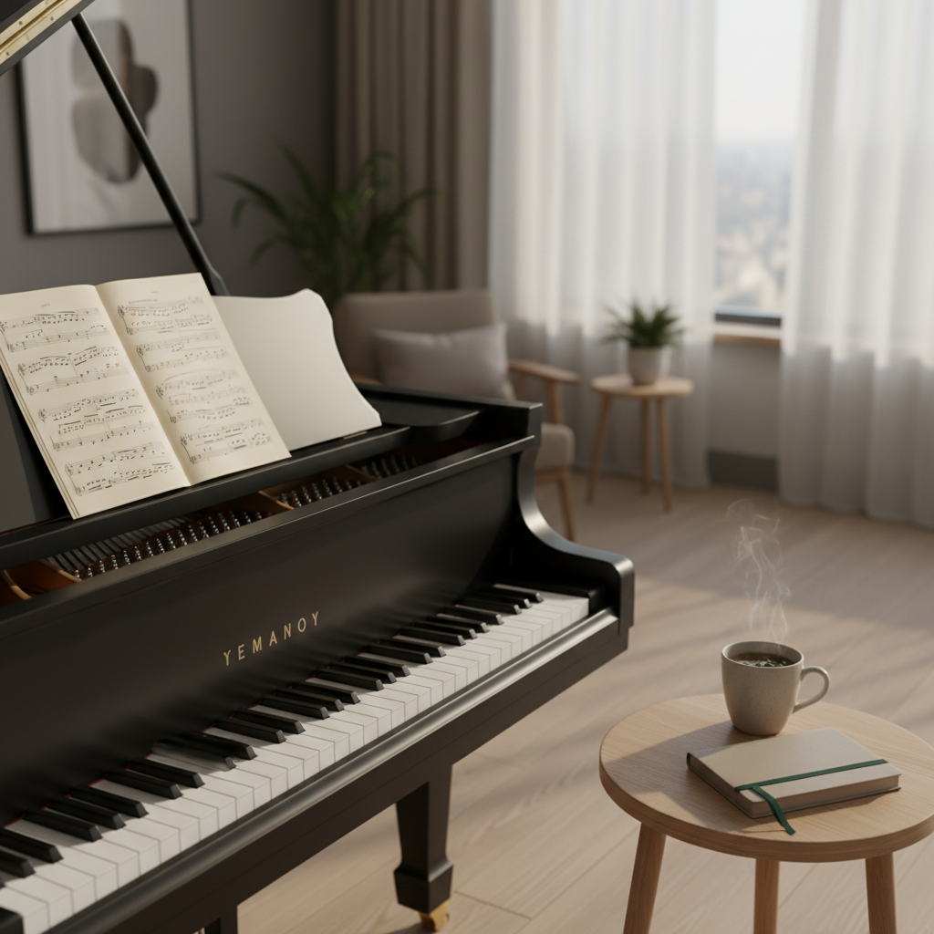 A serene corner of a modern studio featuring a grand piano in matte black finish, its lid partially open to reveal softly gleaming strings and hammers. A stack of neatly arranged, cream-colored sheet music rests on the music stand, with a single page slightly curled. Nearby, a small side table holds a ceramic mug of herbal tea and a closed, cloth-covered notebook with a ribbon bookmark. The room is bathed in gentle late-afternoon light from a large window dressed in sheer, off-white curtains, casting long, delicate shadows across the hardwood floor. The palette is muted charcoal, warm beige, and soft ivory, creating a refined, peaceful atmosphere. Shot at eye level with a shallow depth of field, the piano keys are in precise focus while the background melts into a smooth, elegant blur, evoking the promise of thoughtful music-making.