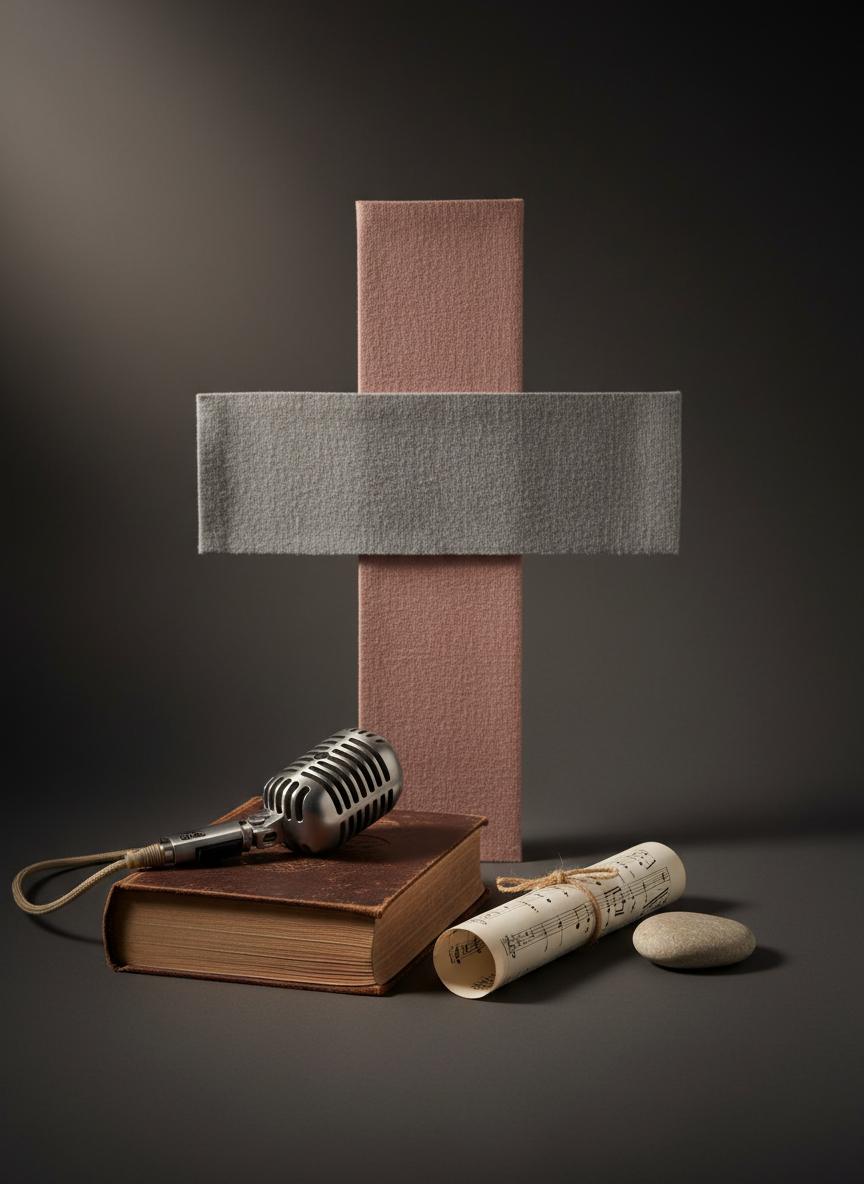 An abstract representation of creative harmony featuring a carefully arranged still life on a matte charcoal surface. A vintage-style microphone, a well-worn hardcover book with deckled edges, a rolled piece of manuscript paper tied with twine, and a small, smooth river stone are aligned in a gentle arc. Behind them, a thin vertical panel of textured, muted blush fabric contrasts with a horizontal panel of cool gray, forming a subtle cross of color and texture. A faint beam of soft studio light falls diagonally across the objects, creating delicate highlights on metal and paper while leaving parts in velvety shadow. The background fades into a deep, slightly warm gray gradient. Shot straight-on with a shallow depth of field, the composition feels meditative and symbolic, suggesting the integration of music, writing, and spiritual grounding in a sophisticated, minimalist photographic aesthetic.