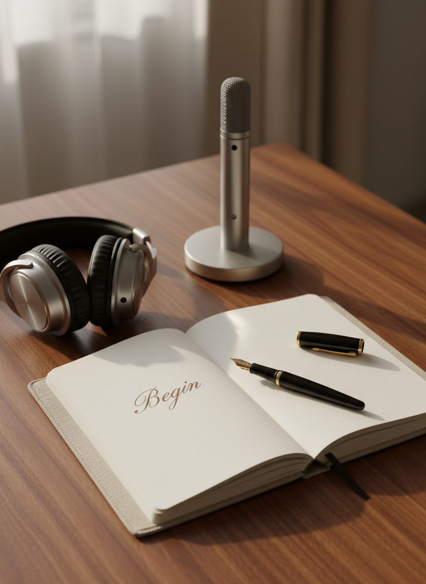 An elegant flat lay of a walnut writing desk with a single open linen-bound journal at the center, its cream pages blank except for a faint, handwritten title: “Begin”. A finely crafted fountain pen rests diagonally across the page, its dark matte body and gold nib catching the light. To the side, a set of studio-quality over-ear headphones lies coiled beside a slim, vintage-style microphone on a brushed metal base. Soft, diffused morning light pours in from an unseen window, creating gentle gradients and muted reflections across the wood grain. The background fades into a subtle blur, with only the desk surface in sharp focus. The mood is calm, contemplative, and sophisticated, captured in photographic realism with a minimalist, balanced composition that suggests creative possibility and quiet inspiration.