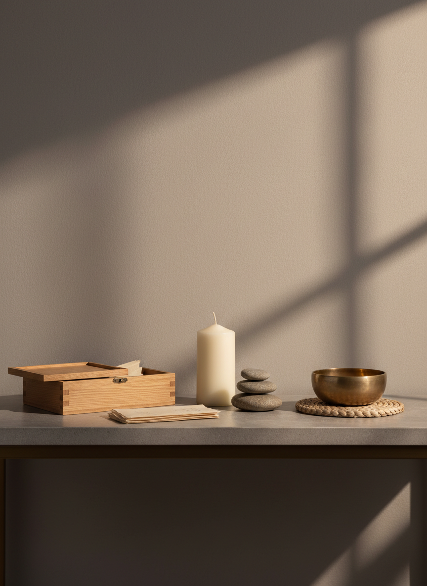 A contemplative altar-like arrangement on a smooth, stone-topped console table, designed to evoke spiritual reflection and inner peace. At the center stands a tall, slender pillar candle in matte white, unlit, beside a small stack of three river stones balanced in a delicate tower. To one side, a simple wooden box with dovetail joints sits partially open, revealing neatly folded parchment-like papers inside. On the other side, a subtle brass singing bowl rests on a round, woven mat. The background is a softly textured, warm gray wall with a gentle gradient created by diffused side lighting. The light source feels like late-afternoon sun filtered through sheer curtains, casting understated shadows and a soothing, muted glow. Captured in photographic realism with a centered, symmetrical composition, the atmosphere is serene, reverent, and elegantly minimalist.