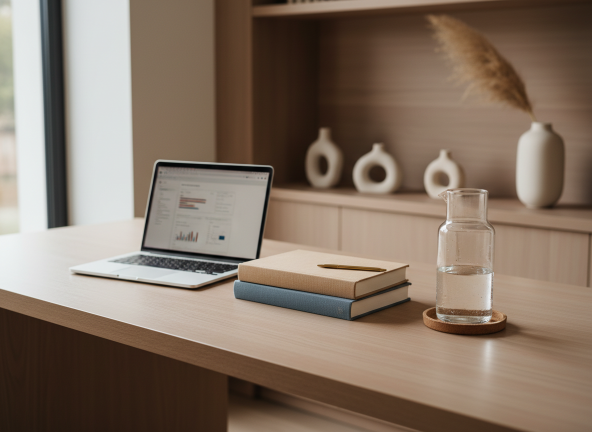 A refined coaching workspace centered around a smooth, light-ash desk with clean lines, positioned near a large, unseen window. On the desk, an open laptop displays a softly blurred interface, while beside it, three neatly stacked books with muted fabric covers—slate blue, warm gray, and sand—are topped by a simple brass bookmark. A slim glass carafe of water and a single, clear tumbler sit on a round cork coaster, with tiny droplets of condensation catching the light. Behind the desk, a built-in shelf holds a small arrangement of abstract stone sculptures and a single dried grass stem in a matte ceramic vase. Gentle, diffused daylight washes the scene, creating soft shadows and subtle highlights. The image is shot from a slightly elevated angle with moderate depth of field, evoking clarity, focus, and understated sophistication in a clean, modern, photographic style.