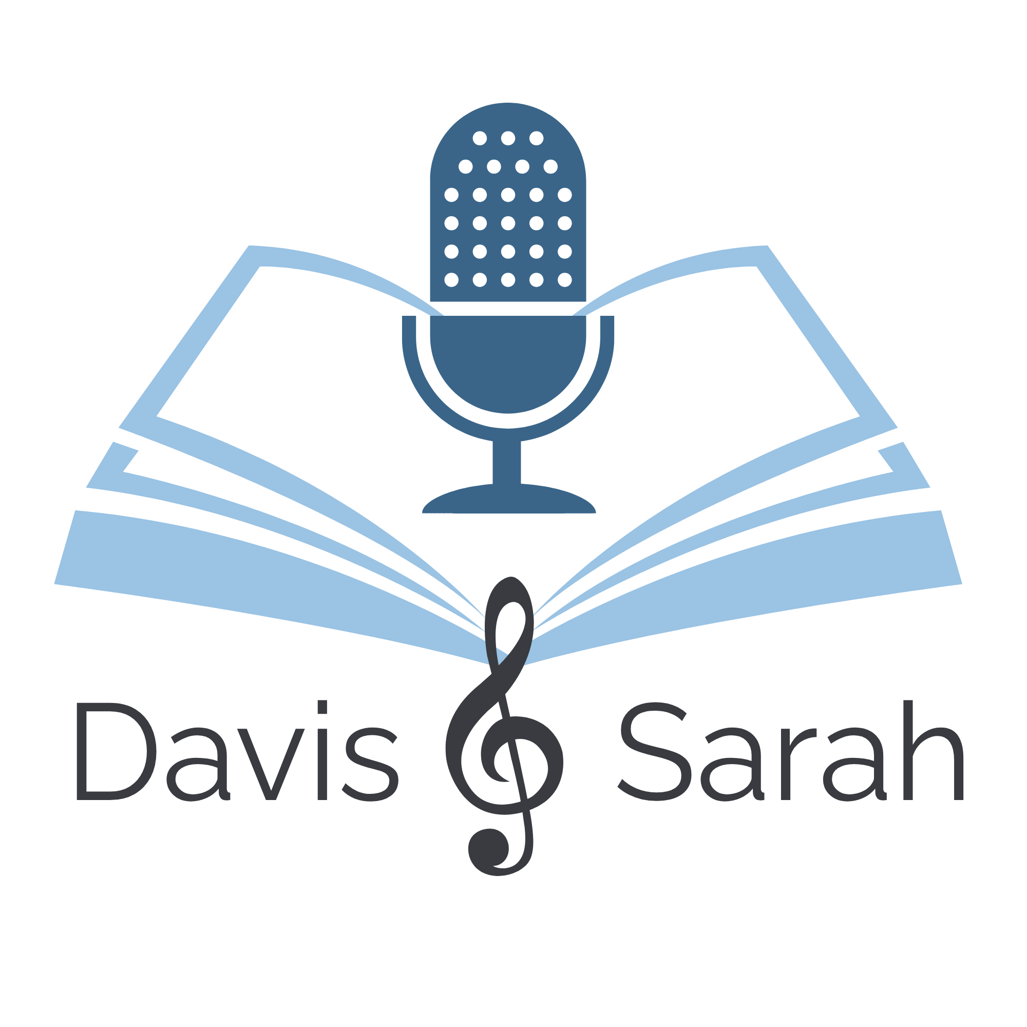 A logo for Davis & Sarah, featuring an open book with a microphone and treble clef.